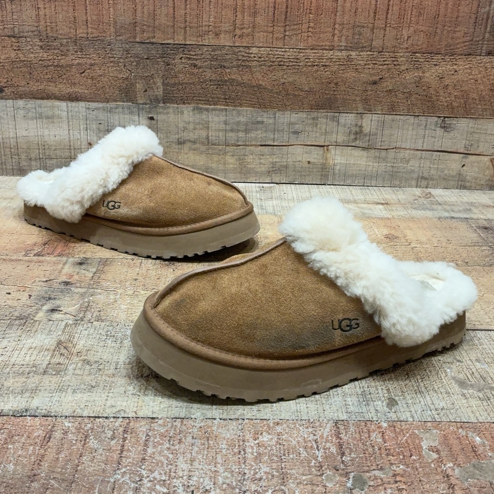 UGG Slippers Womens Size 12 43 Brown Suede Shearling Lined Mule Shoes Comfort